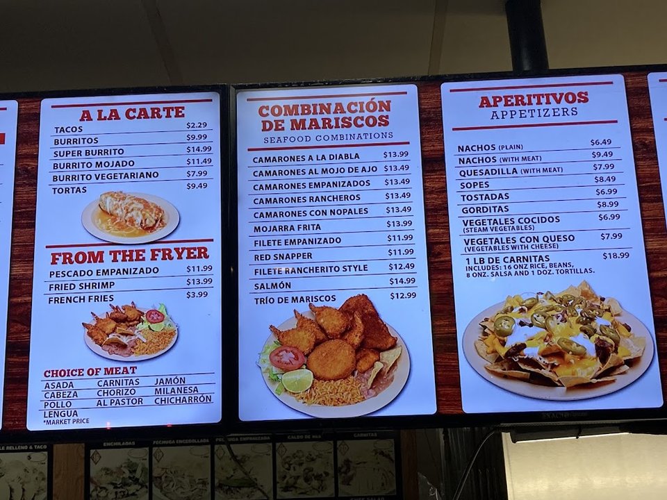 Close-up of a Mexican restaurant menu.